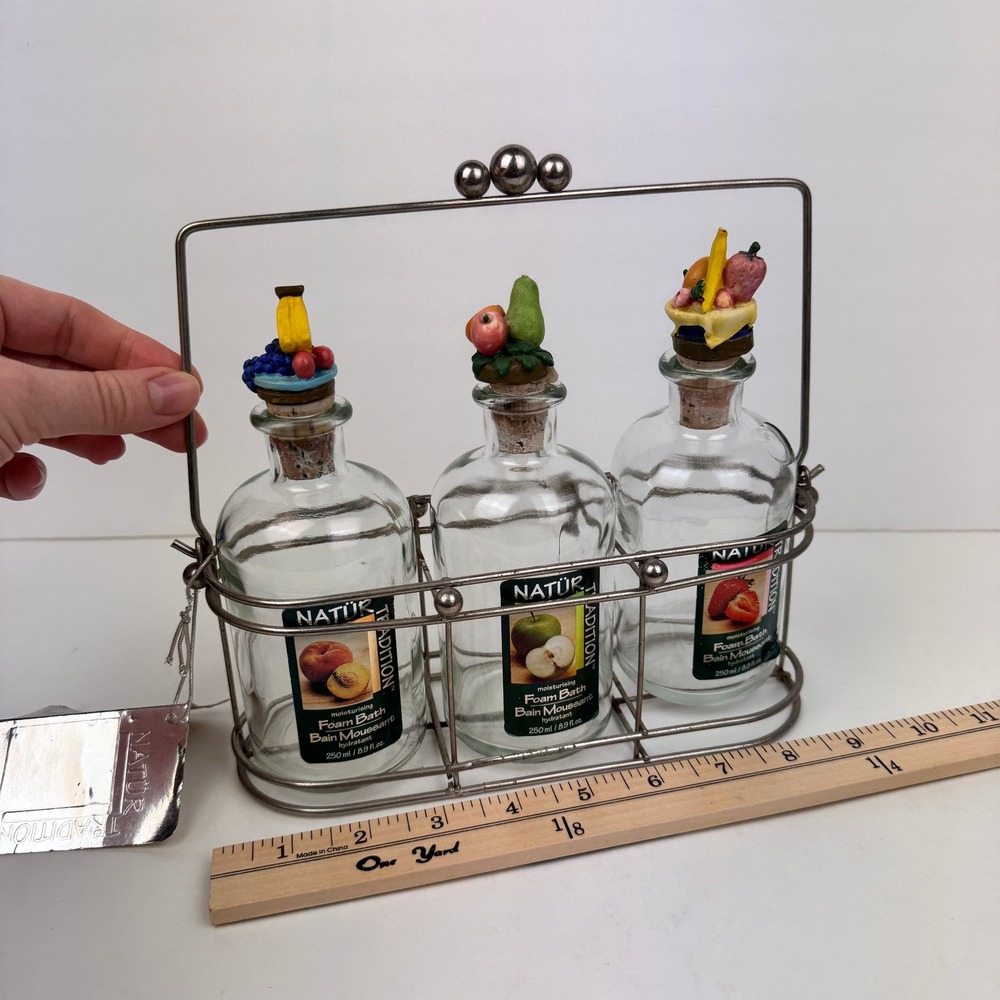 Vtg Natur 90s EMPTY Glass Bottles w Cork Fruit 3D Lid w Metal Carrier Foam Bath